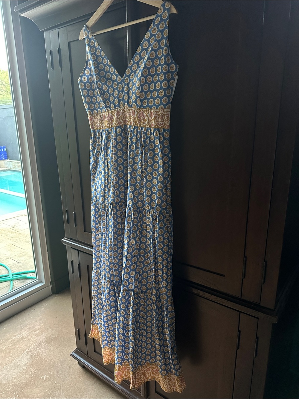 J. Crew “Point Sur” Blue and Gold Patterned Maxi Dress.